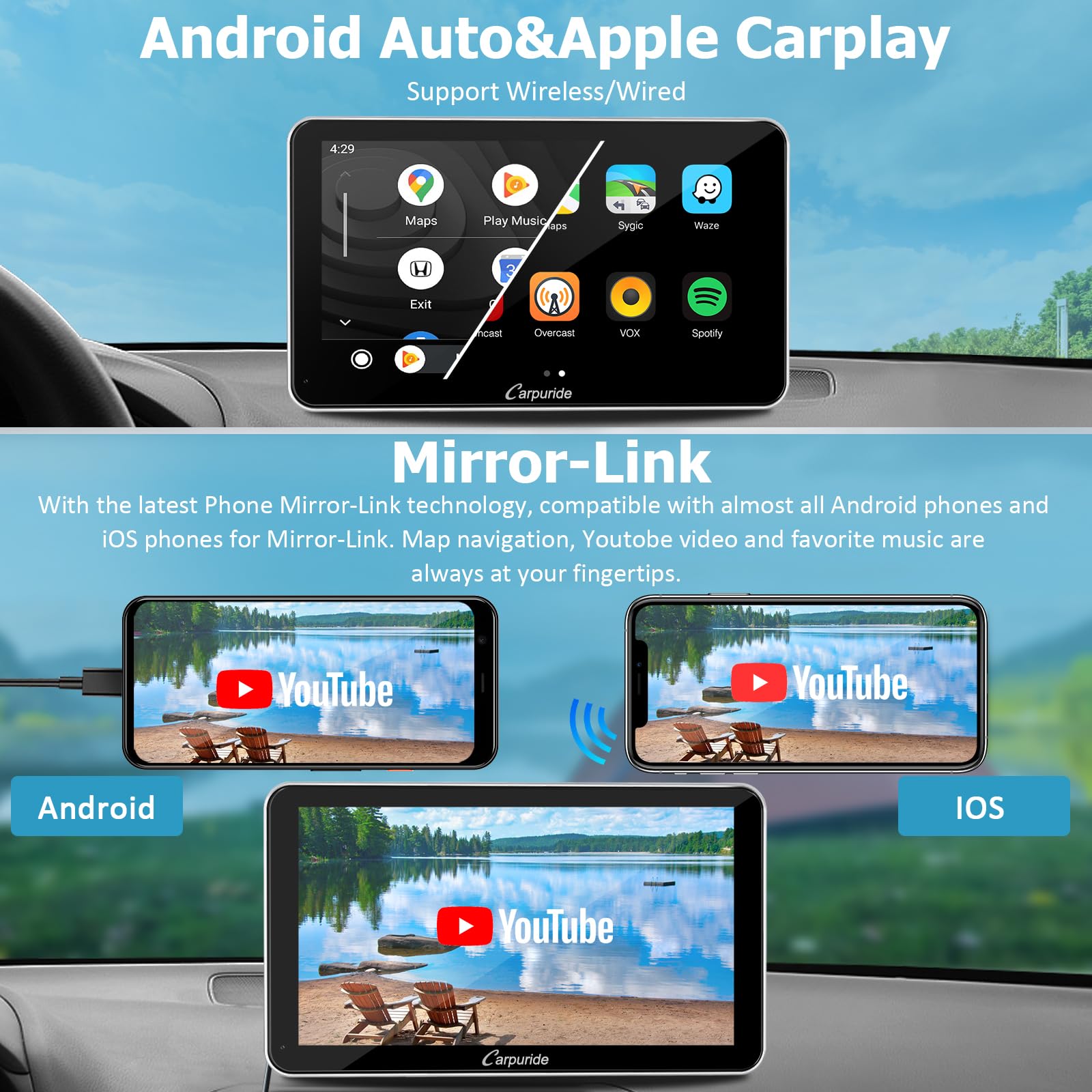 Carpuride 2024 Newest Upgrade Wireless Carplay & Android Auto 7 Inch Full HD Touch Screen Portable Car Radio Receiver,Car Stereo with Mirror Link, Bluetooth