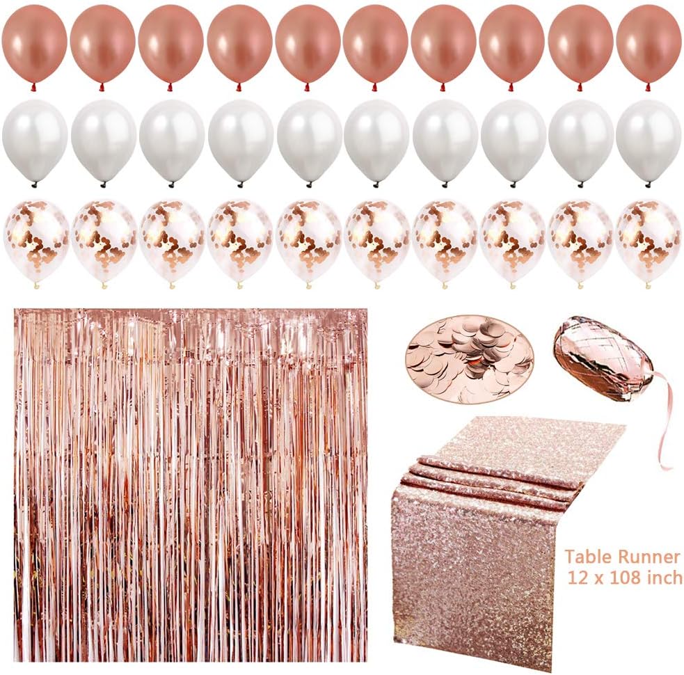 Sharlity 34pc Rose Gold Party Decoration Set, Table Runner, foil curtain, Confetti, Ribbon, Confetti and Latex Balloon for Wedding Reception and Party Supplies