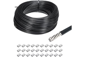 MECCANIXITY 164Ft(50M) Wire Rope 304 Stainless Steel Cable 1/8"(3mm) Vinyl Coated with 30 Pcs Aluminum Sleeves for Hanging, C