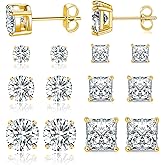 MDFUN 6 Pairs Stud Earrings Set 3mm/5mm/7mm Princess & Round Cubic Zirconia Earrings Hypoallergenic 316L Surgical Stainless Steel CZ Earrings for Women Men