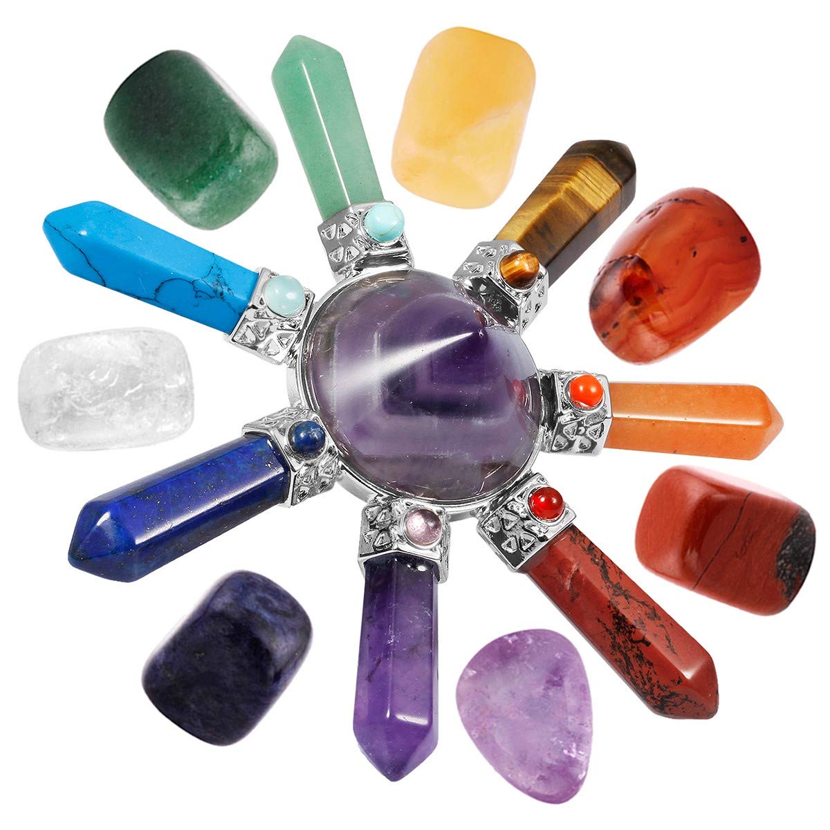 mookaitedecor 7 Chakra Crystals Set,Healing Crystal Polished Tumbled Worry Stones & Amethyst Cone Energy for Reiki Balancing Meditation Kit