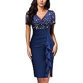 Miusol Women's Deep V-Neck Glitter Sequin Lace Elegant Ruffle Style Cocktail Party Dress