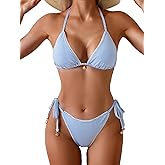 Fanuerg Women's Halter String Triangle Bikini Sets Lace Trim Two Piece Swimsuit Cheeky Swimwear Bathing Suit