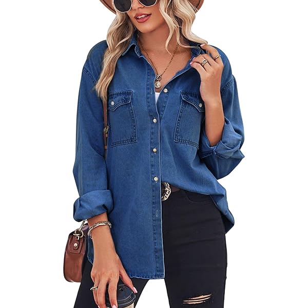 Women's Button Down Denim Shirt Casual Long Sleeve V Neck