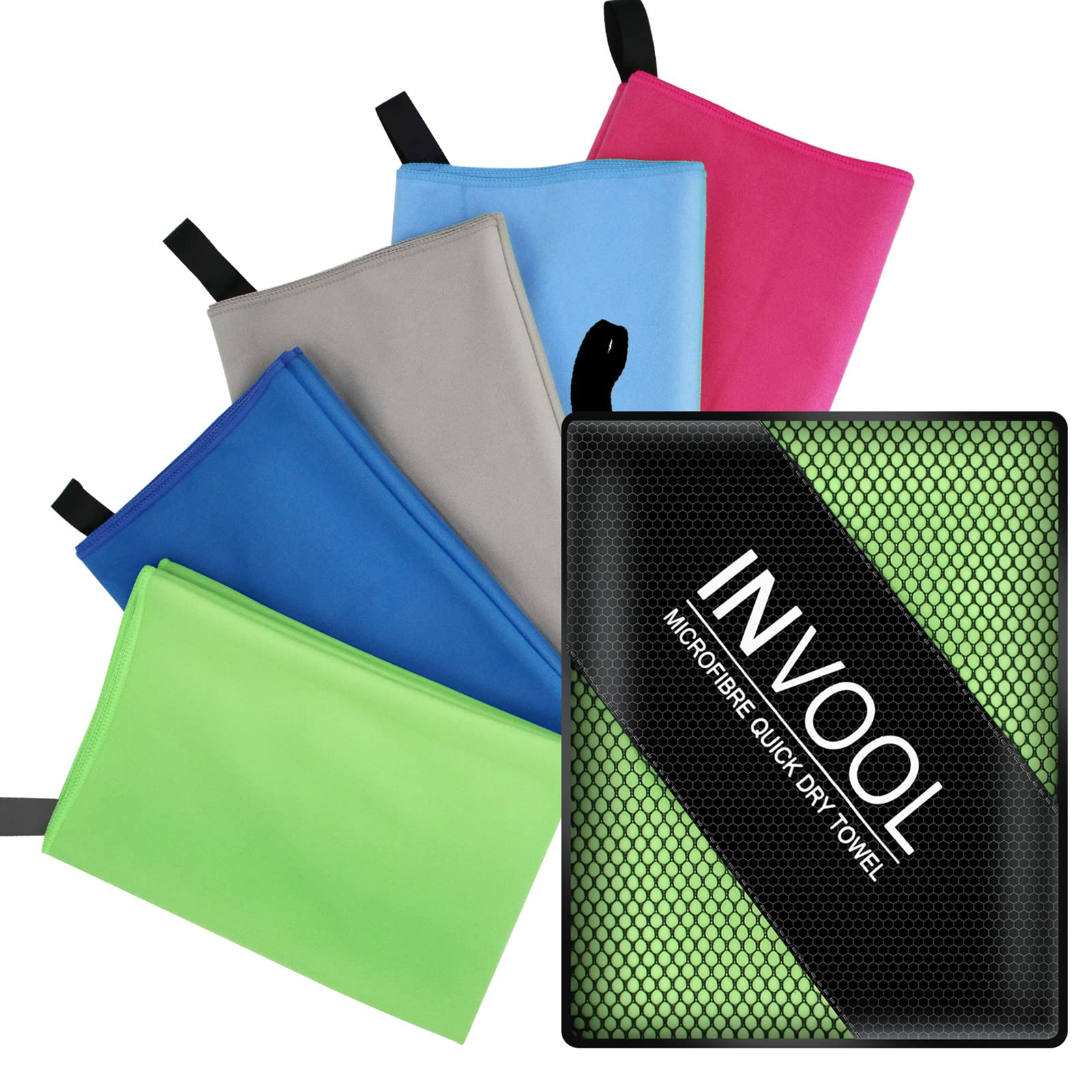 Invool Microfiber Towel, 5 colours with carry bag - Quick Dry Towel for Travel, Camping, Fitness, Beach, Vacation, Fast Drying and Absorbent
