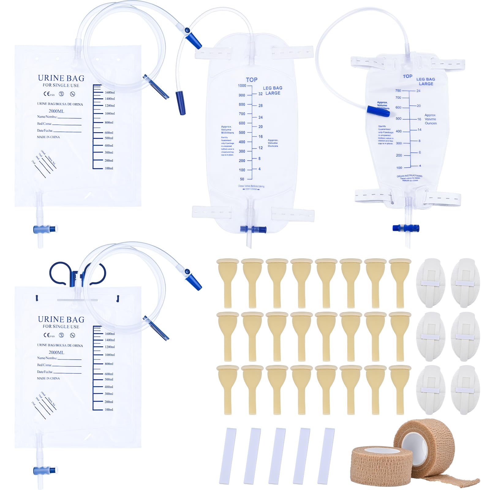 Photo 1 of Condom External Catheter Kit for Elderly Men Age 80-24PCS Latex Condoms with Medical Tape,750ml & 1000ml Leg Bags,2 Night 2000ml Urine Bags,6pcs Catheters Stabilization Devices(25mm/0.98inch)