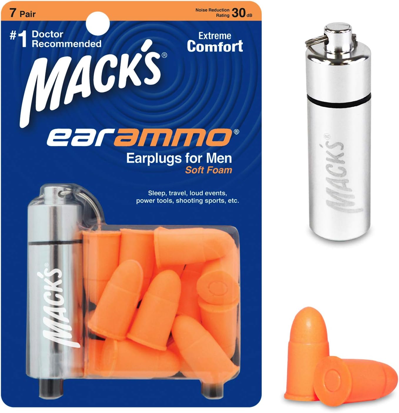 Mack's Ear Ammo Soft Foam Earplugs x 7 works + Aluminium Carry Case, Orange, 15 Count (Pack of 1)