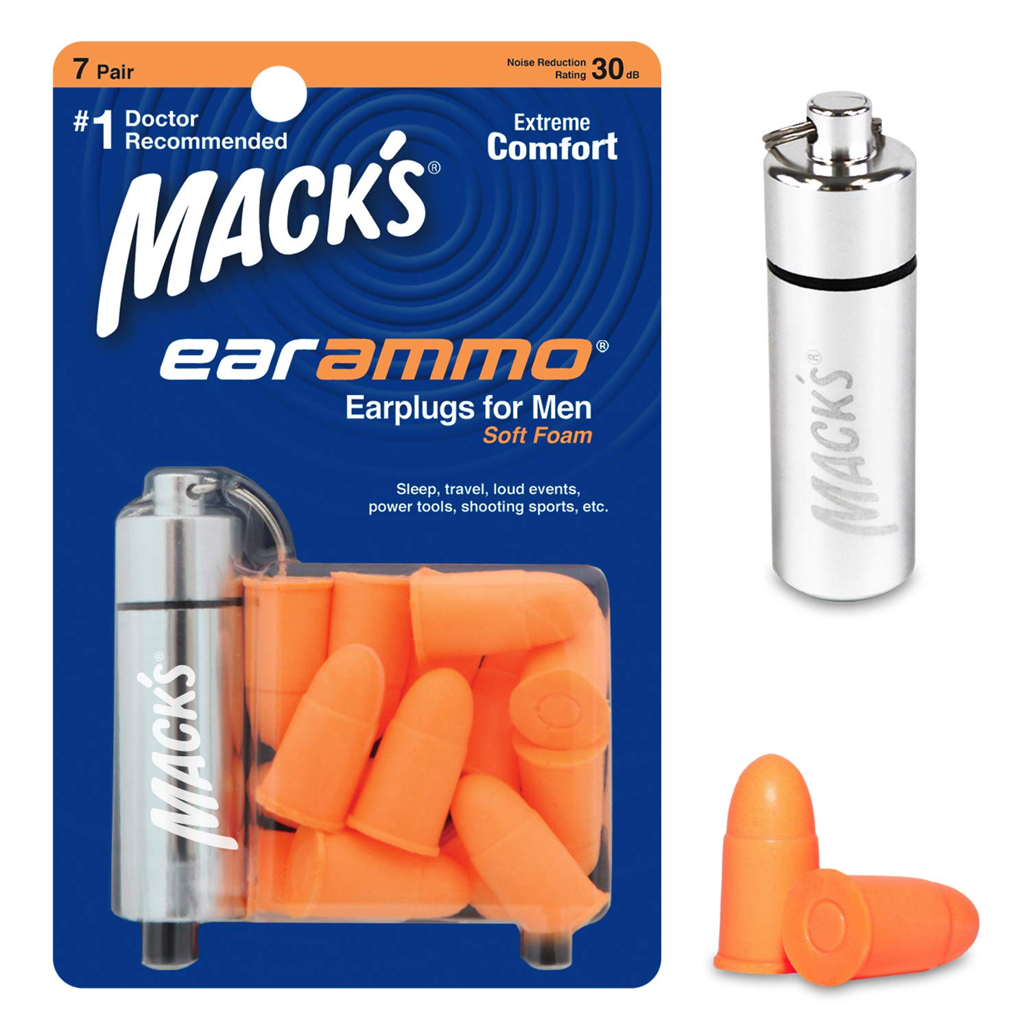 Mack's Ear Ammo Soft Foam Earplugs x 7 Pairs + Aluminium Carry Case