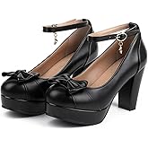BEAUPAS Women's Buckle Ankle Strap Chunky Heels Platform High Heel Pump Bow Cute Shoes