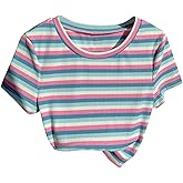 WDIRARA Women's Colorful Striped Short Sleeve Tee Shirt Y2k Crewneck Ribbed Knit Crop Tops