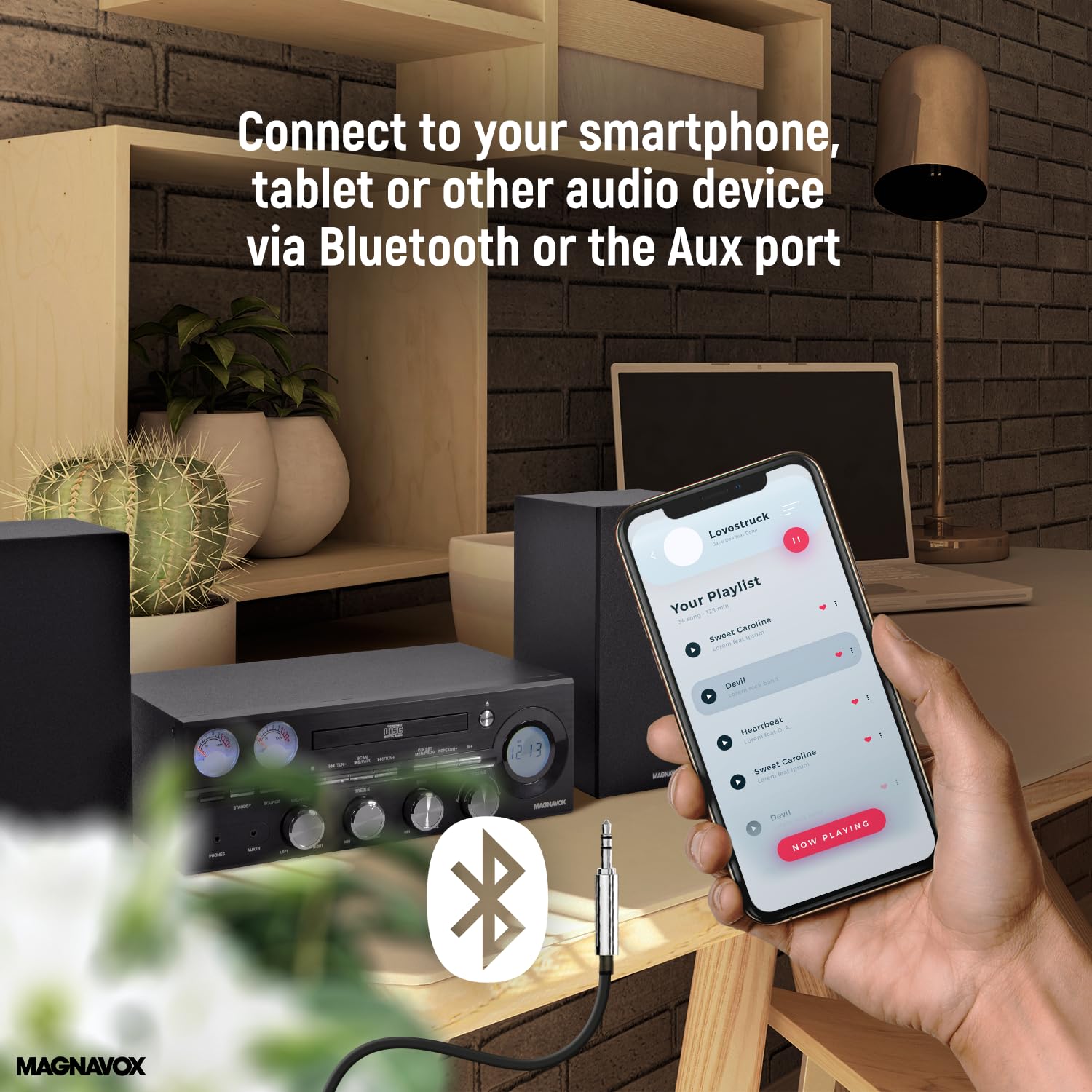 Magnavox MM451 3-Piece Tray Loading CD Shelf System with Digital PLL FM Stereo Radio, Bluetooth Wireless Technology, and Remote Control in Black | LCD Display | AUX Port Compatible |