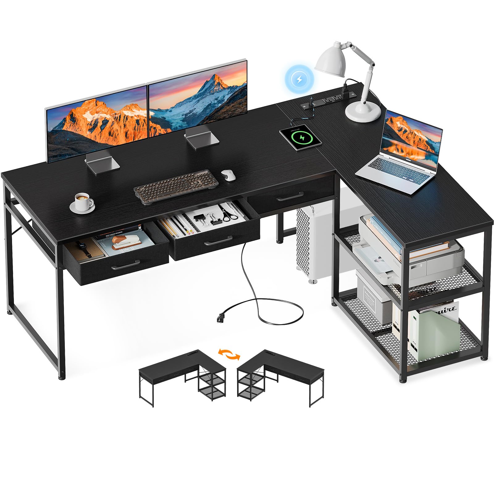 AODK 61 Inch L Shaped Computer Desk with Drawers, Corner Desk with Power Outlets & Reversible Storage Shelves, for Home Office Gaming, Black Image
