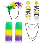 Ovveroche 6-Piece Mardi Gras Costume Accessory Set: Faux Feather Headband, Mardi Gras Beads, Dangle Earrings, Faux Fur Leg Warmers for Women & Girls' Carnival Dress-Up