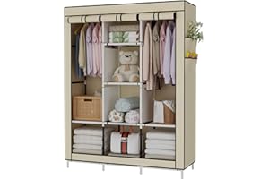 UDEAR Portable Wardrobe Closet Clothes Organizer Non-Woven Fabric Cover with 6 Storage Shelves, 2 Hanging Sections and 4 Side Pockets，Beige