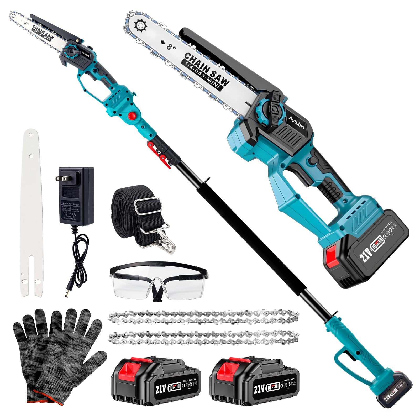 Photo 1 of 2-in-1 Cordless Pole Saw & 8'' Mini Chainsaw,Forest Ranger Approved Electric Handheld Chain Saw with 2× 21V 4.0Ah Rechargeable Batterie&Charger, Auto Oiling Multi-Angle,Max 16Ft Saw for Tree Trimming