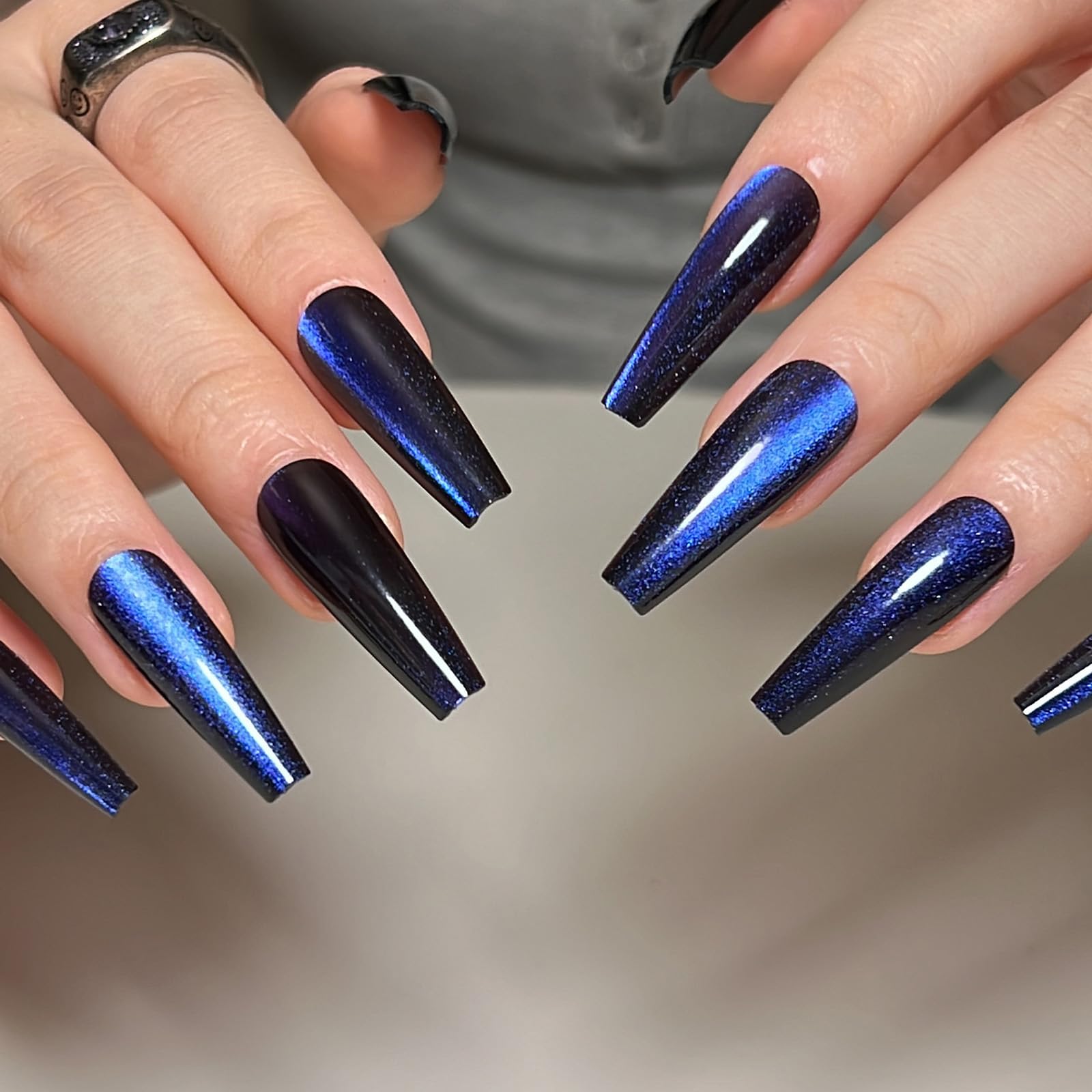 KKUUOO Press on Nails Long,Blue Glitter Fake Nails Coffin False Nails with Design Shiny Acrylic Nails Full Cover Artificial Nails Reusable Stick on Nails Glossy Glue on Nails for Women Girls