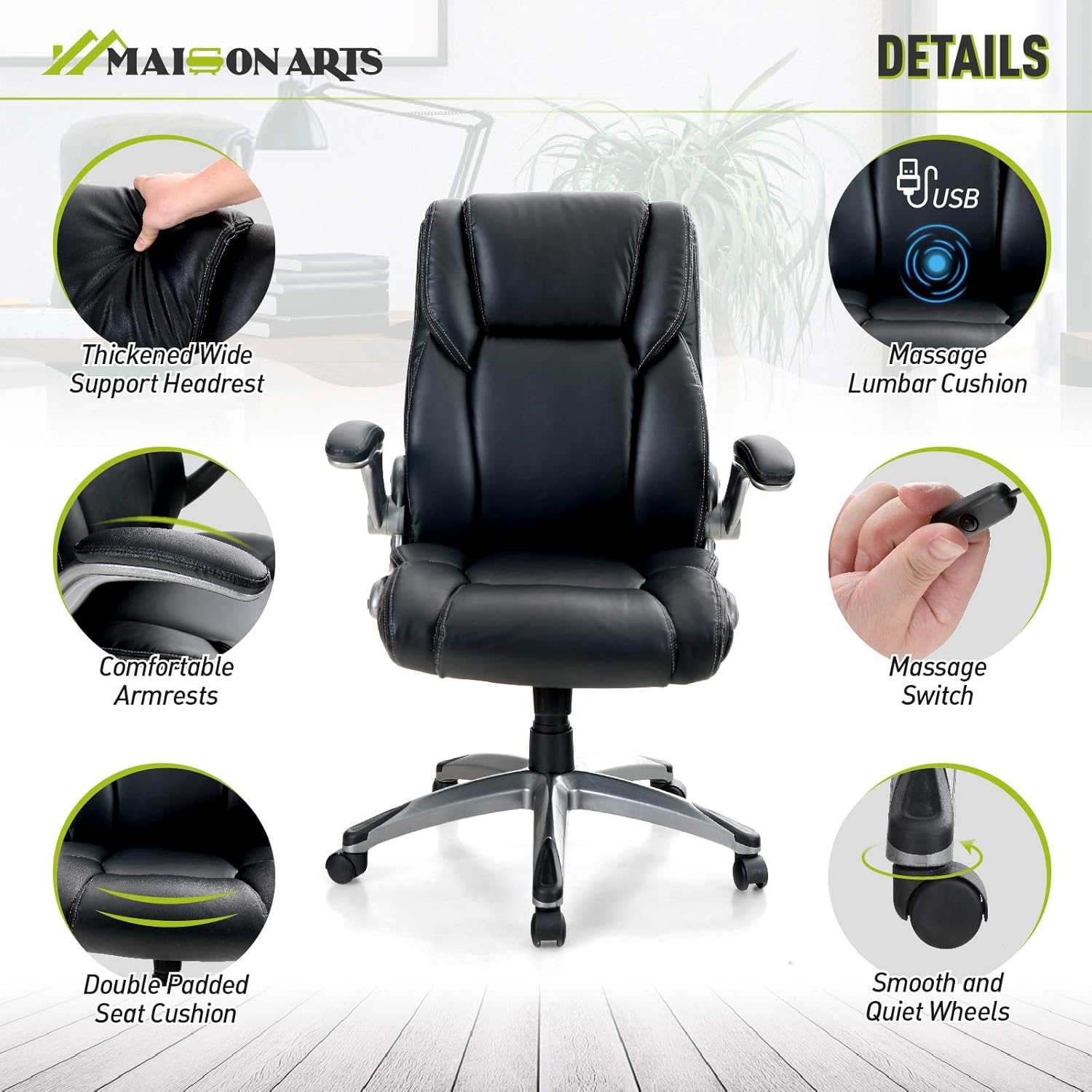 MAISON ARTS Executive Home Office Chair Desk Chair, Ergonomic Adjustable Massage Computer Task Chair with Rocking Function and Flip-up Arms, Black: Kitchen & Dining