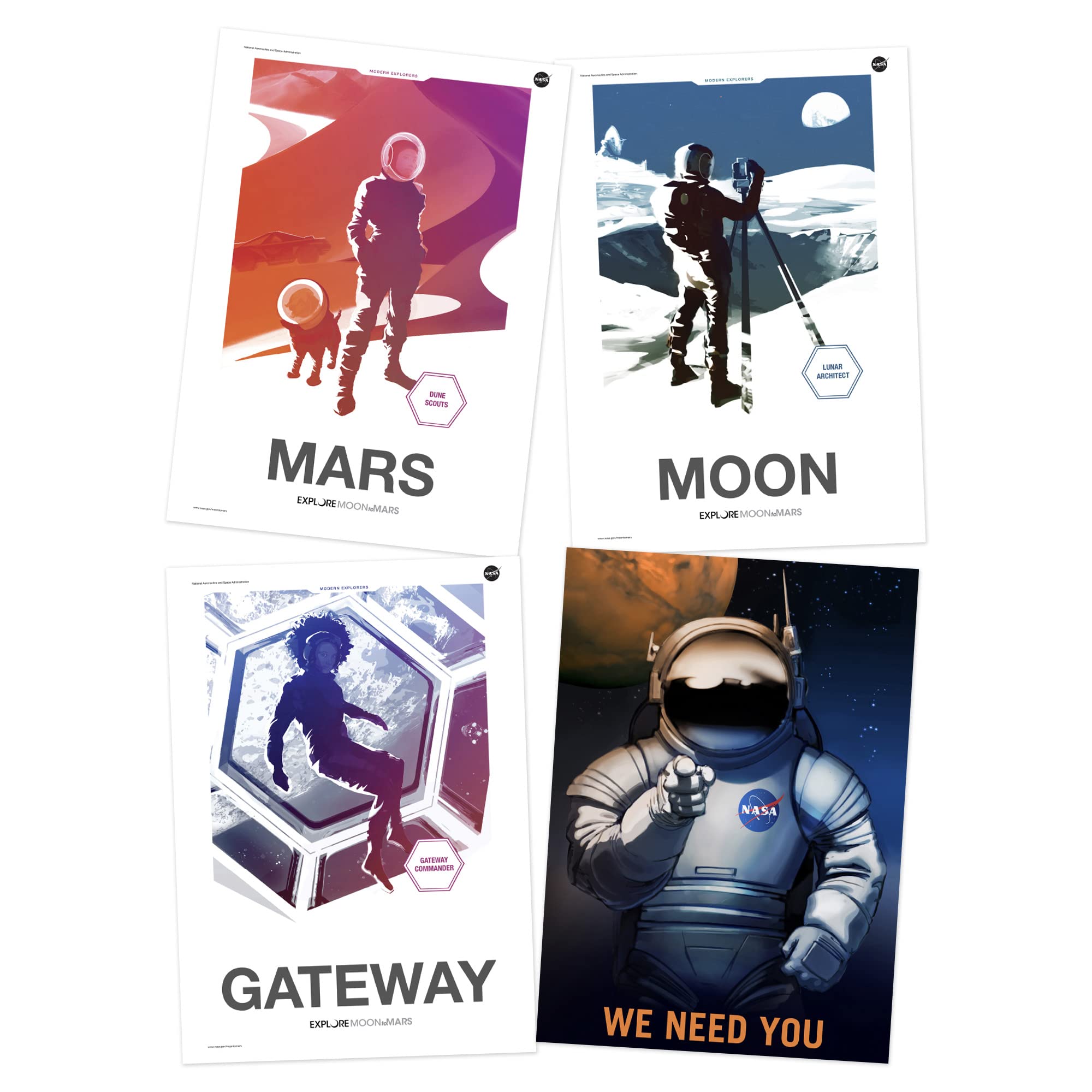 Artery8 NASA Modern Explorers Explore We Need You Moon to Mars Lunar Architect Dune Scout Gateway Commander A4 Wall Art Print Poster Pack of 4