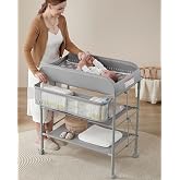 BEKA Diaper Changing Station, Portable Baby Changing Table | 4-Level Height(38.6"~41.6") w/2 Shelves &amp; Organizer, Waterproof Pad, Portable Changing Station for Newborn Baby, Dual Brakes