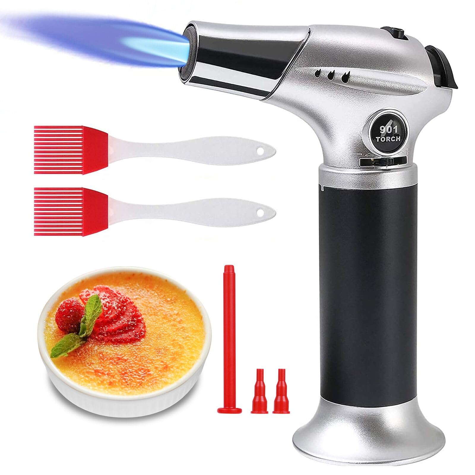 flintronic Blow Torch, Kitchen Torch, Refillable Butane Gas Torch Lighter with Safety Lock, Adjustable Flame with 2 Brush for Cooking, BBQ, Pastries, Soldering (Butane Gas Not Included) Silver