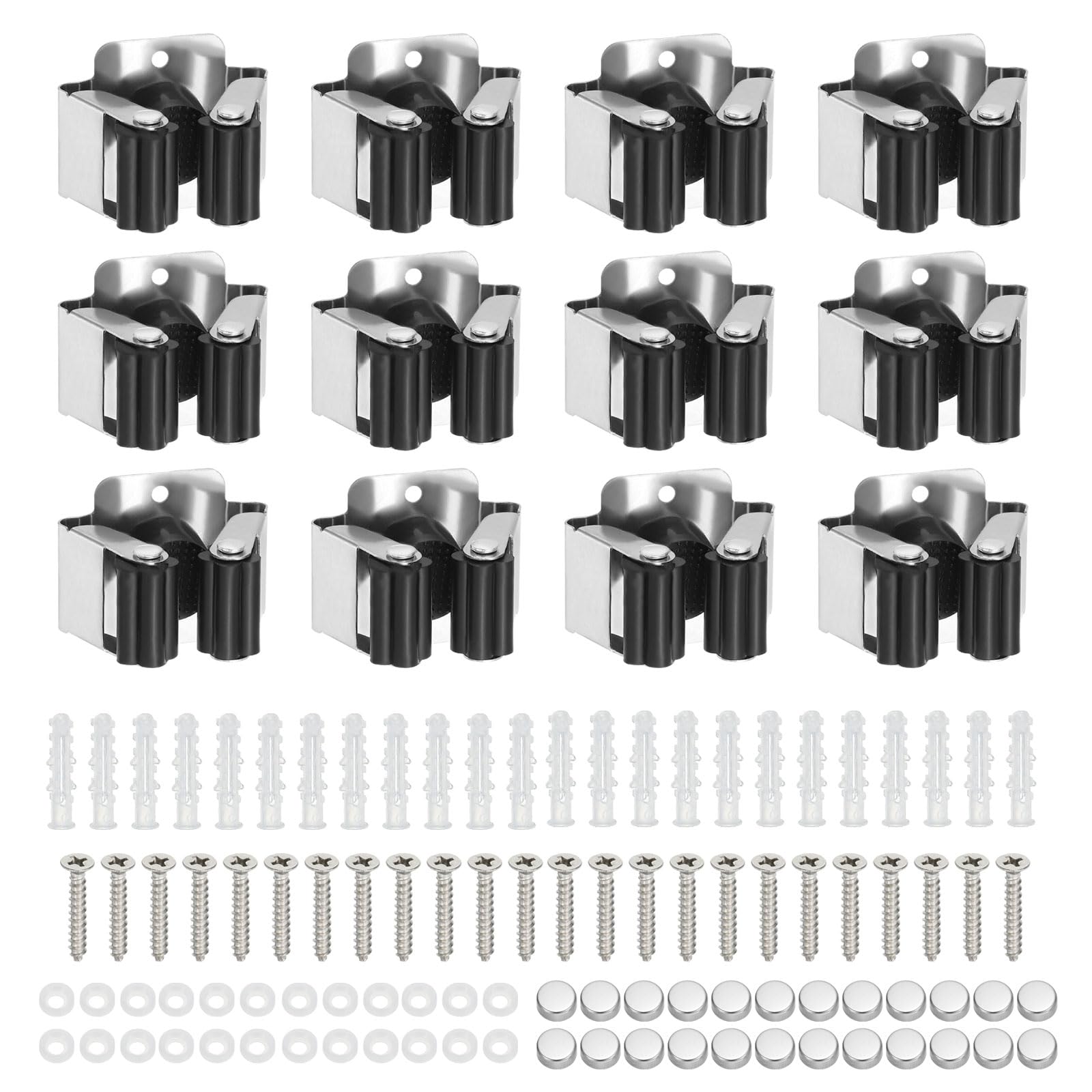 PATIKIL Broom and Mop Holder, 12 Pack Wall Mounted Stainless Steel Mop Hanger Heavy Garden Tool Organizer Rack Hanging Clips with Screws for Home Garage, Black
