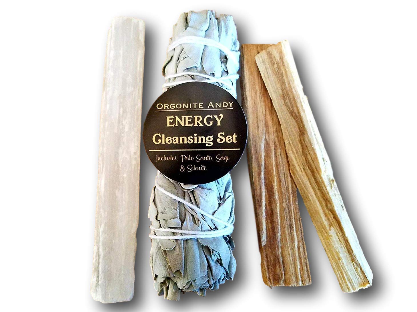 Smudge Kit - Energy Cleansing Set - California White Sage Bundle, 2 Palo Santo Sticks, & Raw Selenite Crystal Wand - Natural Herbal Incense