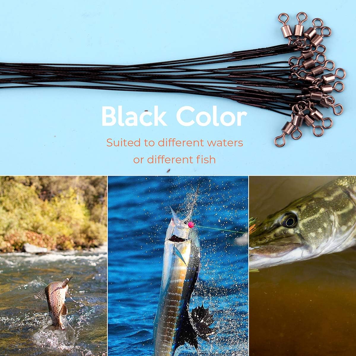 Scotank 60pcs Black Fishing Leaders Tooth Proof Stainless Steel Wire Tackle kit with Swivels Snap Connect Lures Bait Rig or Hooks 12 inch 9 inch 7 inch (Test 40 lb) : Sports & Outdoors