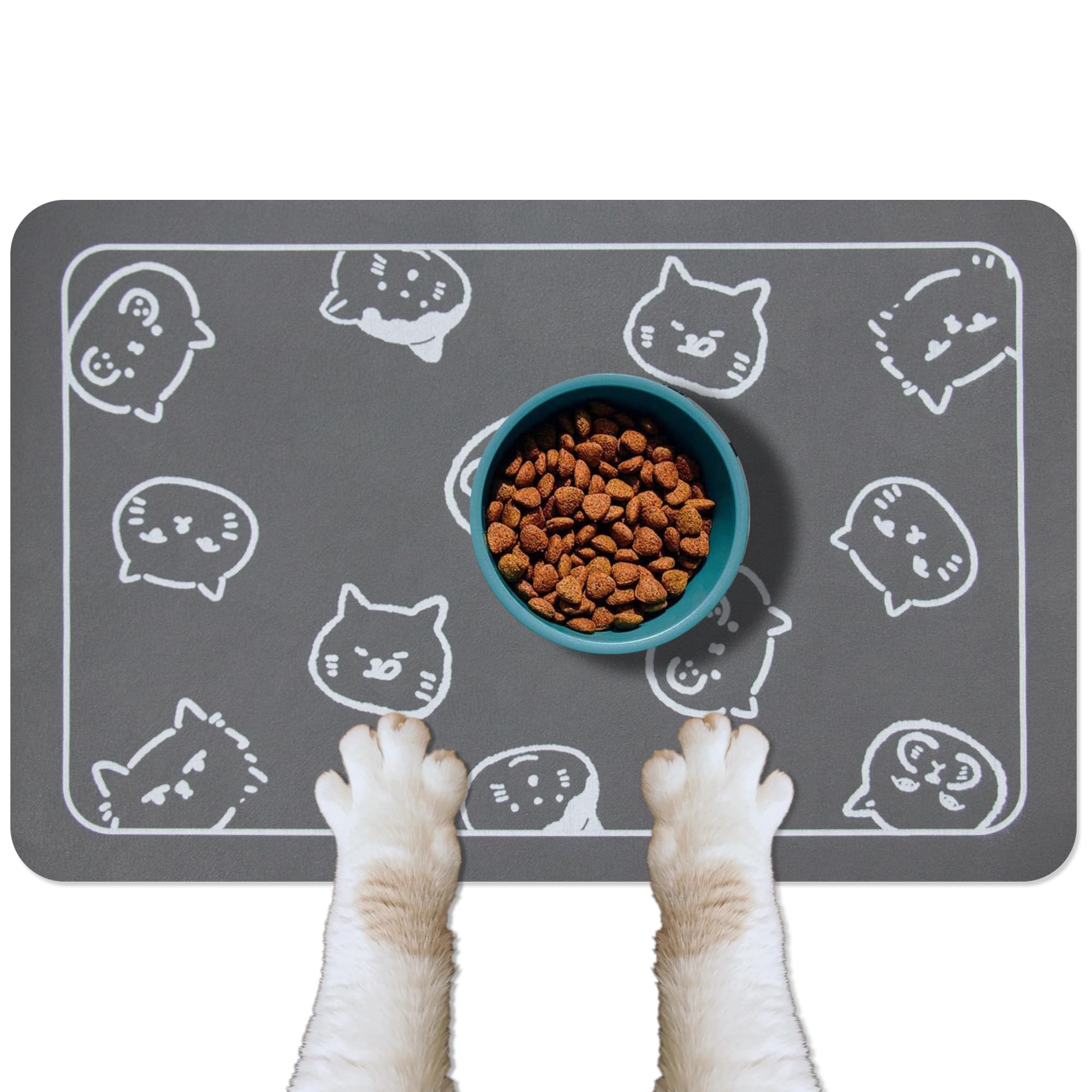 Photo 1 of YCT Cat Food and Water Mat for Pets - Non-Slip Super Absorbent Dog Bowl Mat With Multiple Cat Heads Logo - 24 x 16.9 Inches, Dark Grey