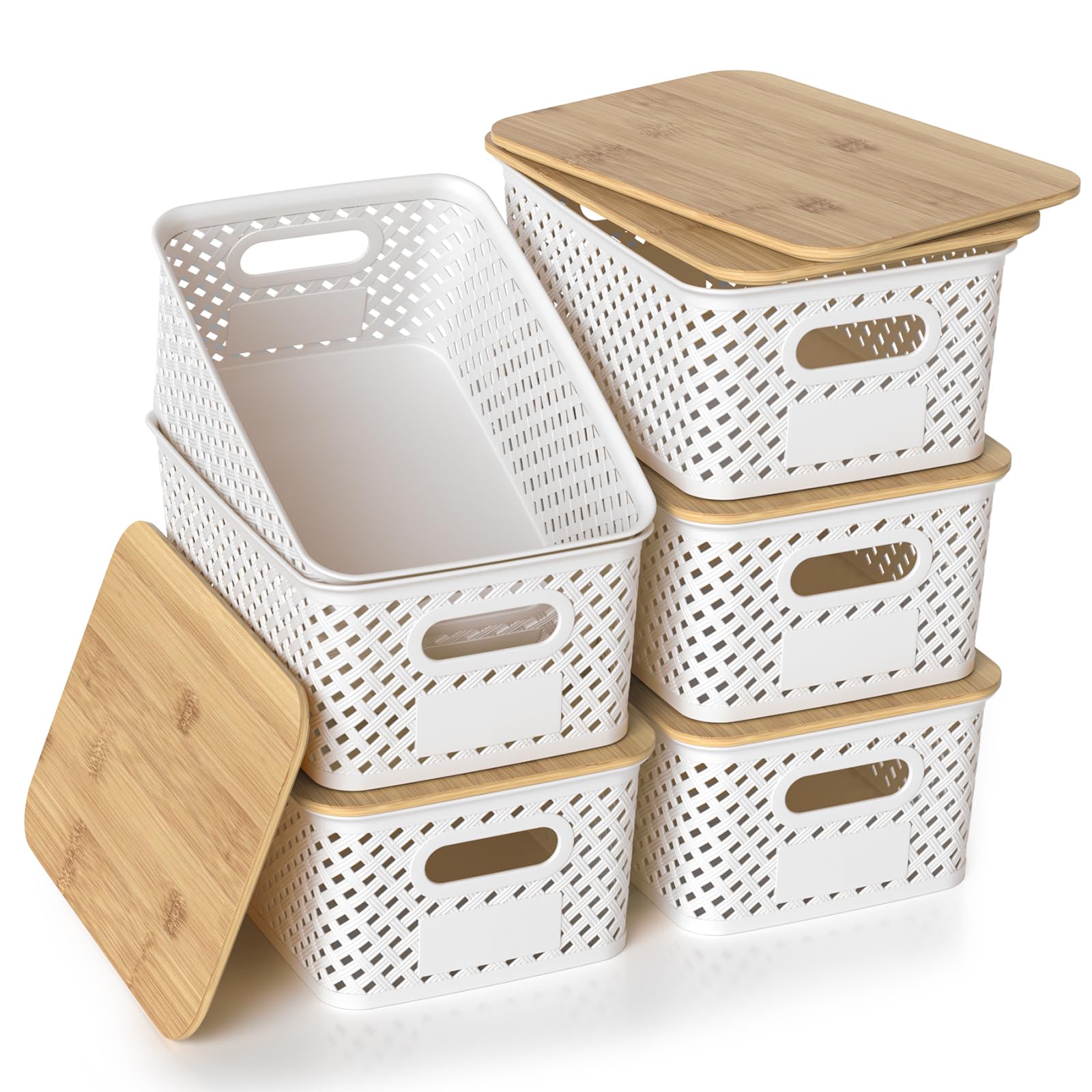 Photo 1 of ZFTMRR Plastic Storage Bins with Bamboo Lids, Stackable Small Box Baskets for Organizing and Containers for Shelves Drawers Desktop Closet Pantry Classroom Office Home, 6 Pack 10.2x7.2x4.1 Inch, White