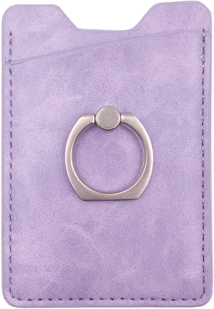 PU Leather Adhesive Phone Pocket Sleeve with Ring Grip Stand,Cell Phone Stick On Card Wallet,Credit Card Holder with 3M Sticker/Metal Pad for Back of iPhone,Android and Smartphones (Purple)