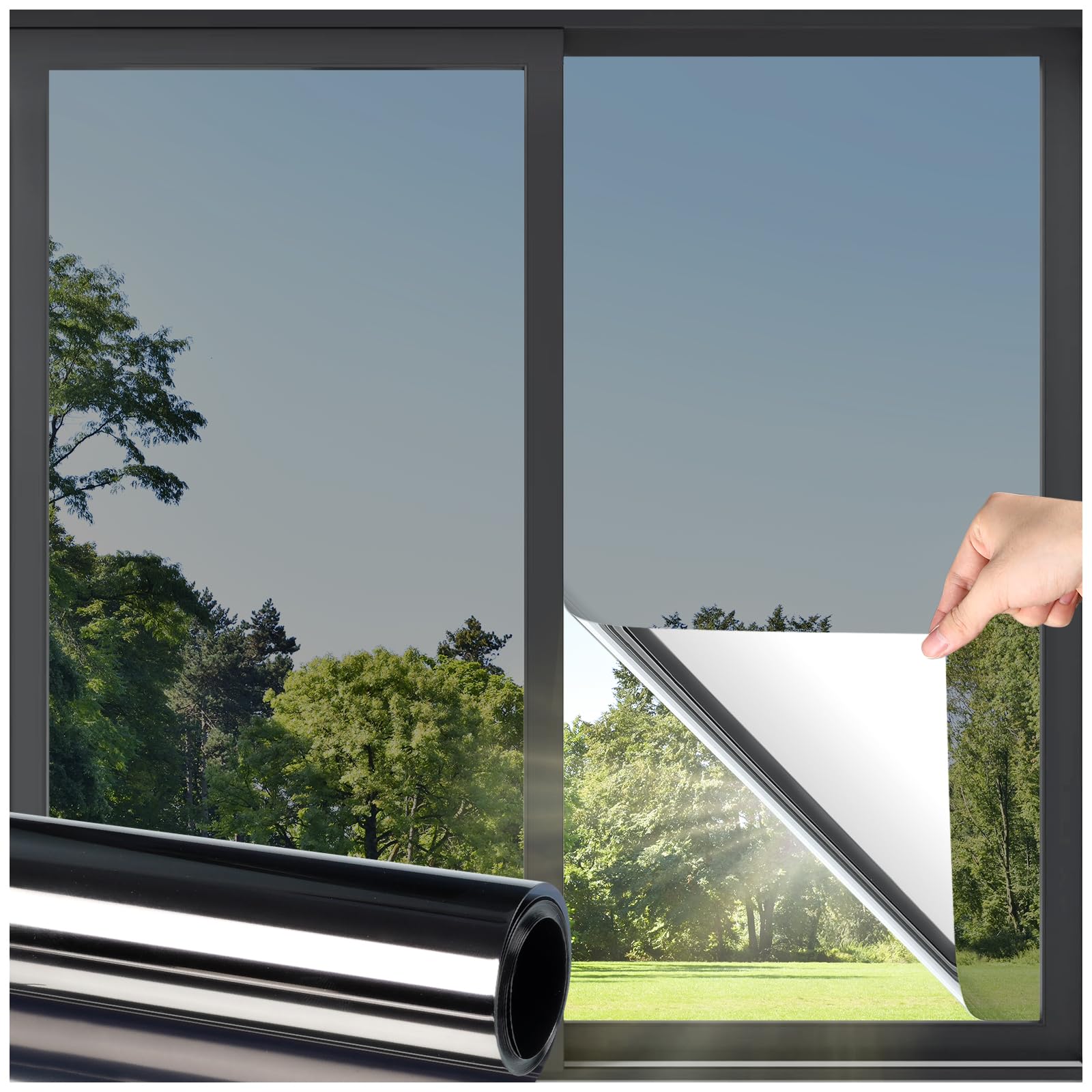Photo 1 of DOWELL Window Privacy Film, One Way Window Tint for Home, Static Cling Anti UV Sun Blocking Reflective Mirror Film, Heat Control See Out Not in Glass Tinting, Black Silver, 17.5" x 78.7"
