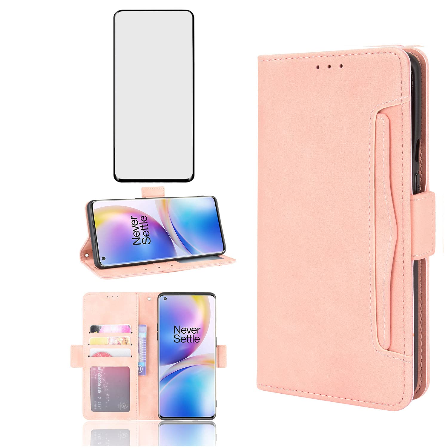 Phone Case for OnePlus 9 Pro One Plus 9Pro 5G Wallet With Tempered Glass Screen Protector Card Holder Slot Stand Kickstand Leather Cell Accessories On 1Plus 1 + Plus9 1+ Pro Nine Women Men Pink