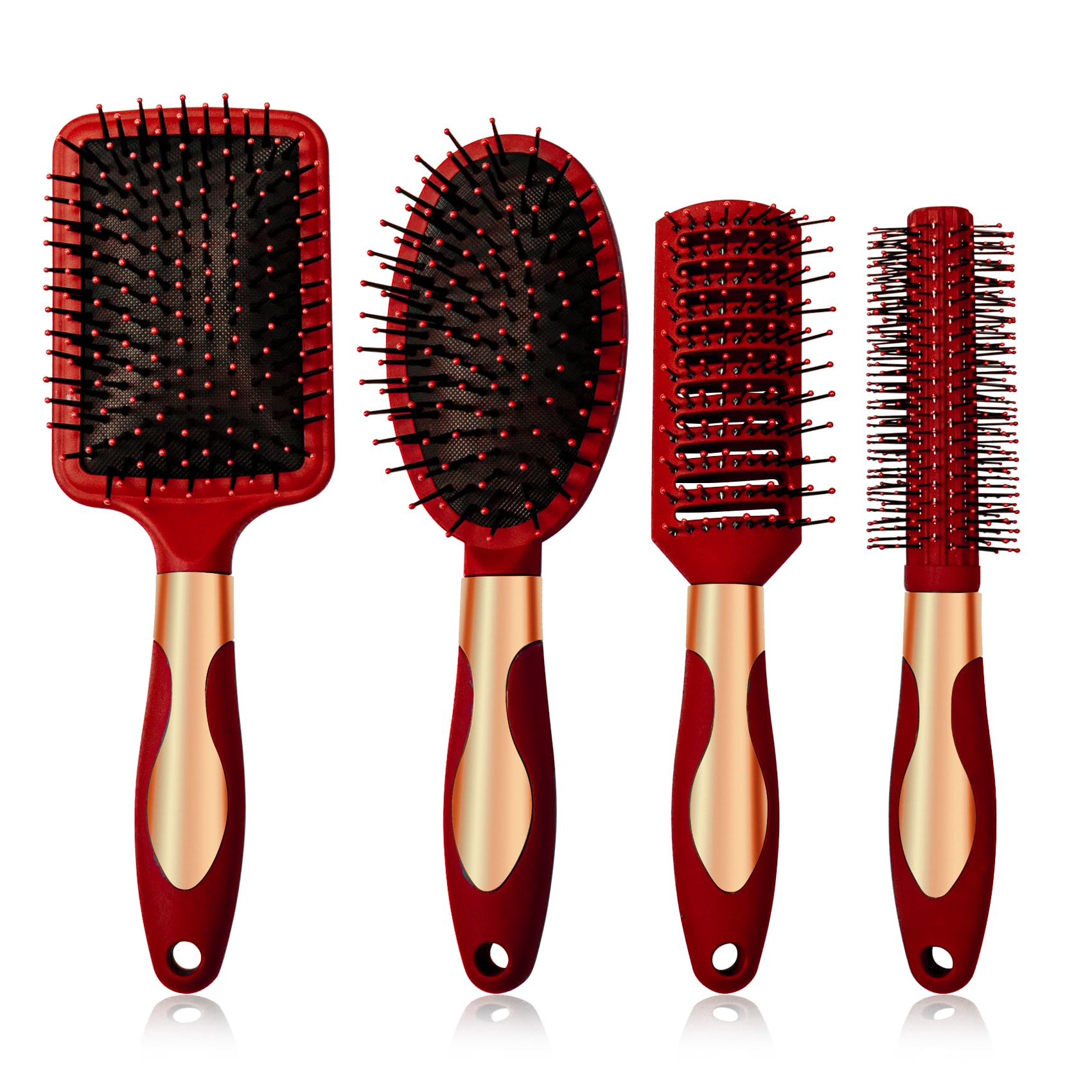 Anti Static Hair Brush Set - Oval, Round & Detangling Brushes - Vented Paddle Brush - Massage Bristles for Women & Men - Red