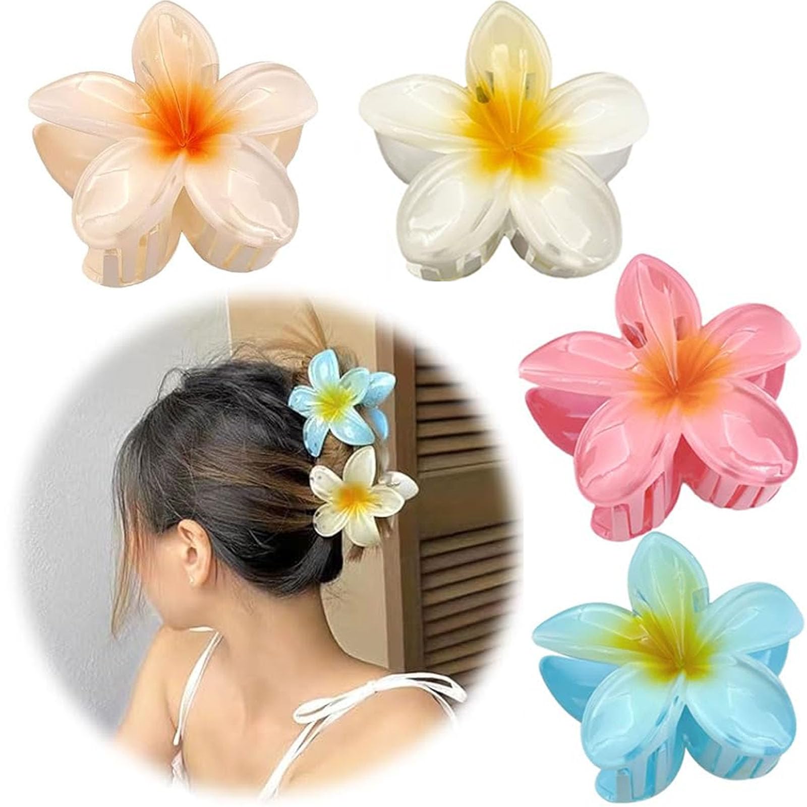 Pack of 4 Flower Hair Clips, Plastic Flower Hair Clip, Flower Hair Clip, Strong Hold for Thick Thin Hair, Non-Slip Hair Clips for Women, Hawaiian Flower Claw Clips, 4 Colours
