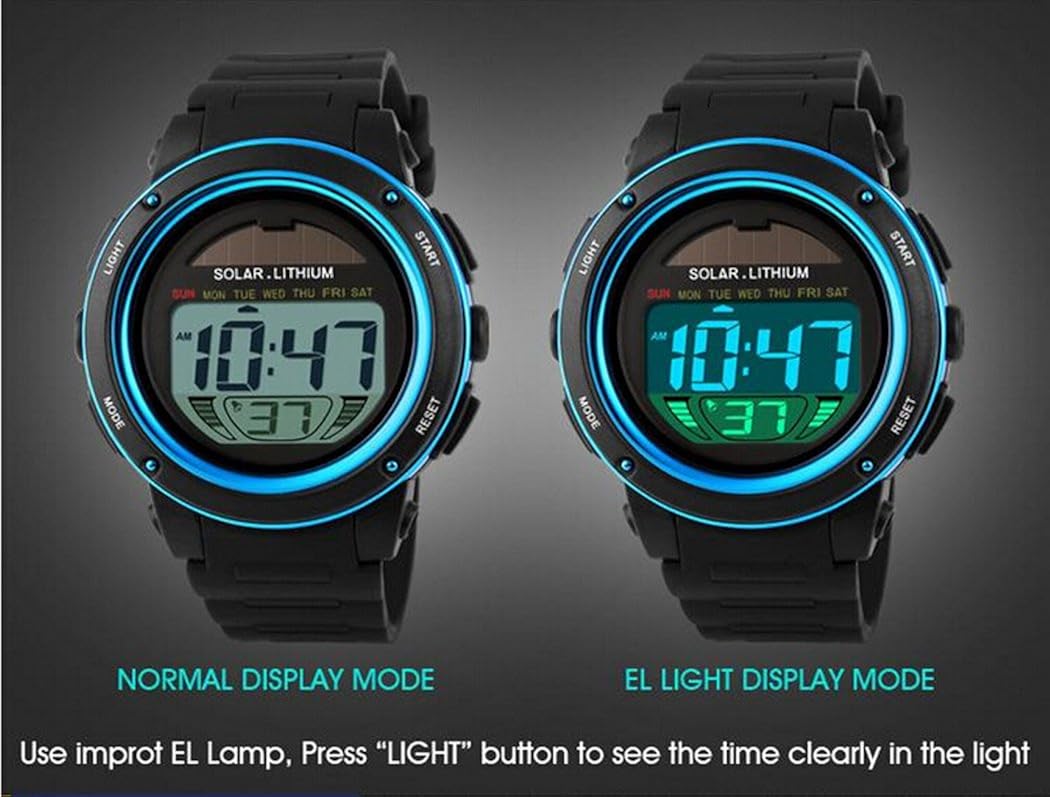Fanmis Multi Function Alarm Stopwatch Digital LED Quartz Watch Solar Power Black Sports Watches (Blue): Watches