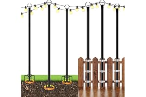 HUGSVIK 6-Pack String Light Poles for Outside, 10Ft Patio Light Poles for String Lights, Heavy Duty Metal Poles Stand for for Hanging Lights, Patio Deck Backyard, Wedding, Christmas, Party