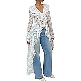 MakeMeChic Women's Floral Lace Tops Tie V Neck Blouse Long Sleeve Ruffle High Low Elegant Shirt