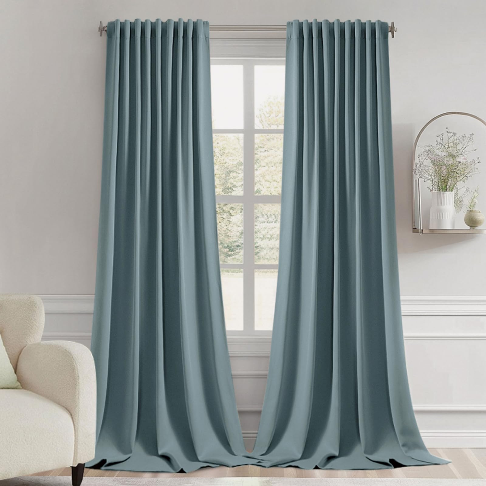 Photo 1 of MIULEE Greyish Blue Back Tab Blackout Curtains 102 Inch Long 2 Panels Set for Bedroom, Rod Pocket/Pinch Pleated Thermal Insulated Living Room Darkening Light Blocking Floor to Ceiling Drapes