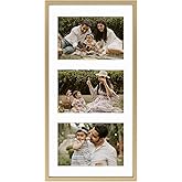 Frametory - 7x14 Aluminum Collage Picture Frame - Display 4x6 Pictures with 3 Openings Mat - Real Glass Front - Horizontal/Vertical Wall Mount - Gold 1 Pack