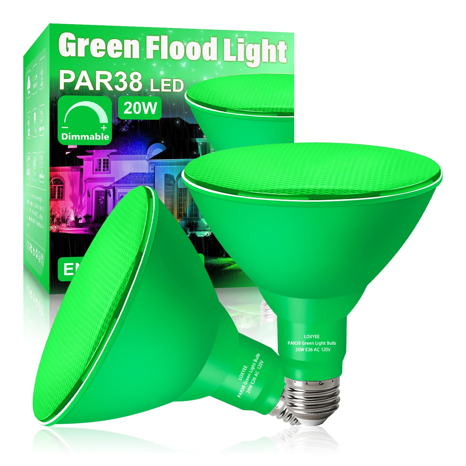 Photo 1 of **ONLY ONE***LOXYEE PAR38 Flood Green Light Bulbs,2 Pack Dimmable,E26 Base Green Flood Light Outoor(20W Replace to 200W),Halloween Light Bulb for Outside,Christmas,Holiday Lighting