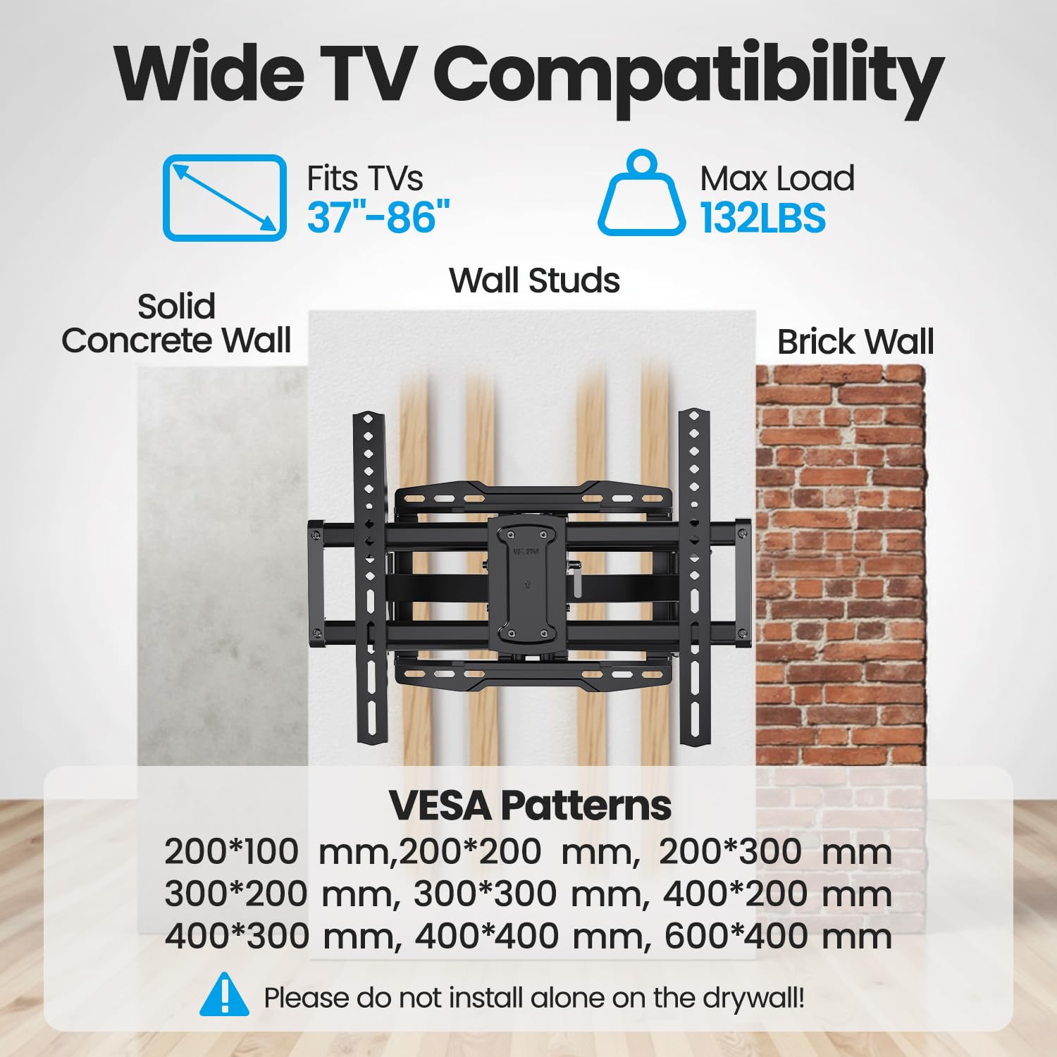 USX STAR UL Listed Full Motion TV Wall Mount Bracket for Most 37-86 inch TVs, Swivel Tilt Extension Level TV Mount, Max VESA 600x400mm, Holds up to 132lbs & 16