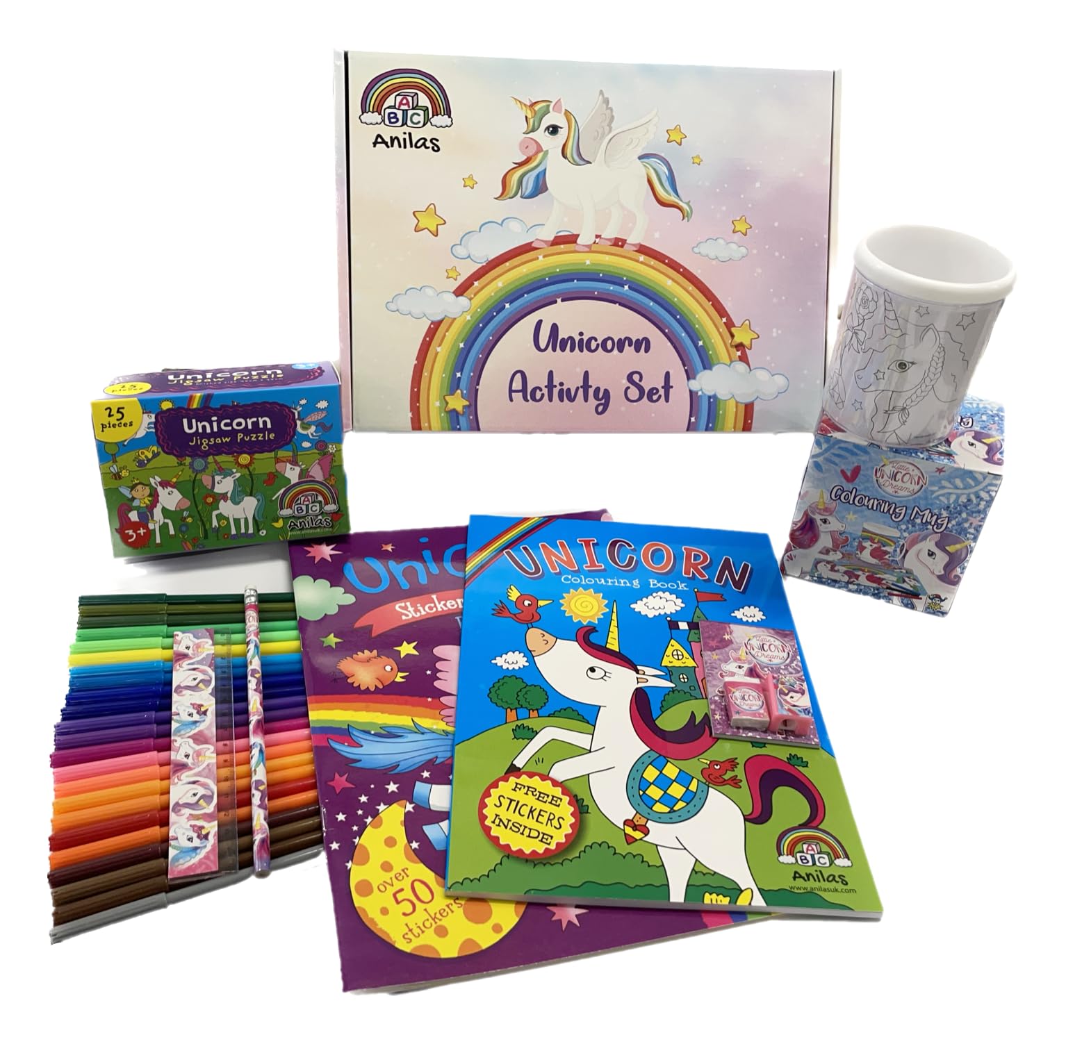 Anila's Mega Unicorn Activity Set with Colouring, Sticker & Activity Books, Puzzle, Colouring Mug, Stationery & Felt Tip Pens (Perfect for Girls Ages 3-8)