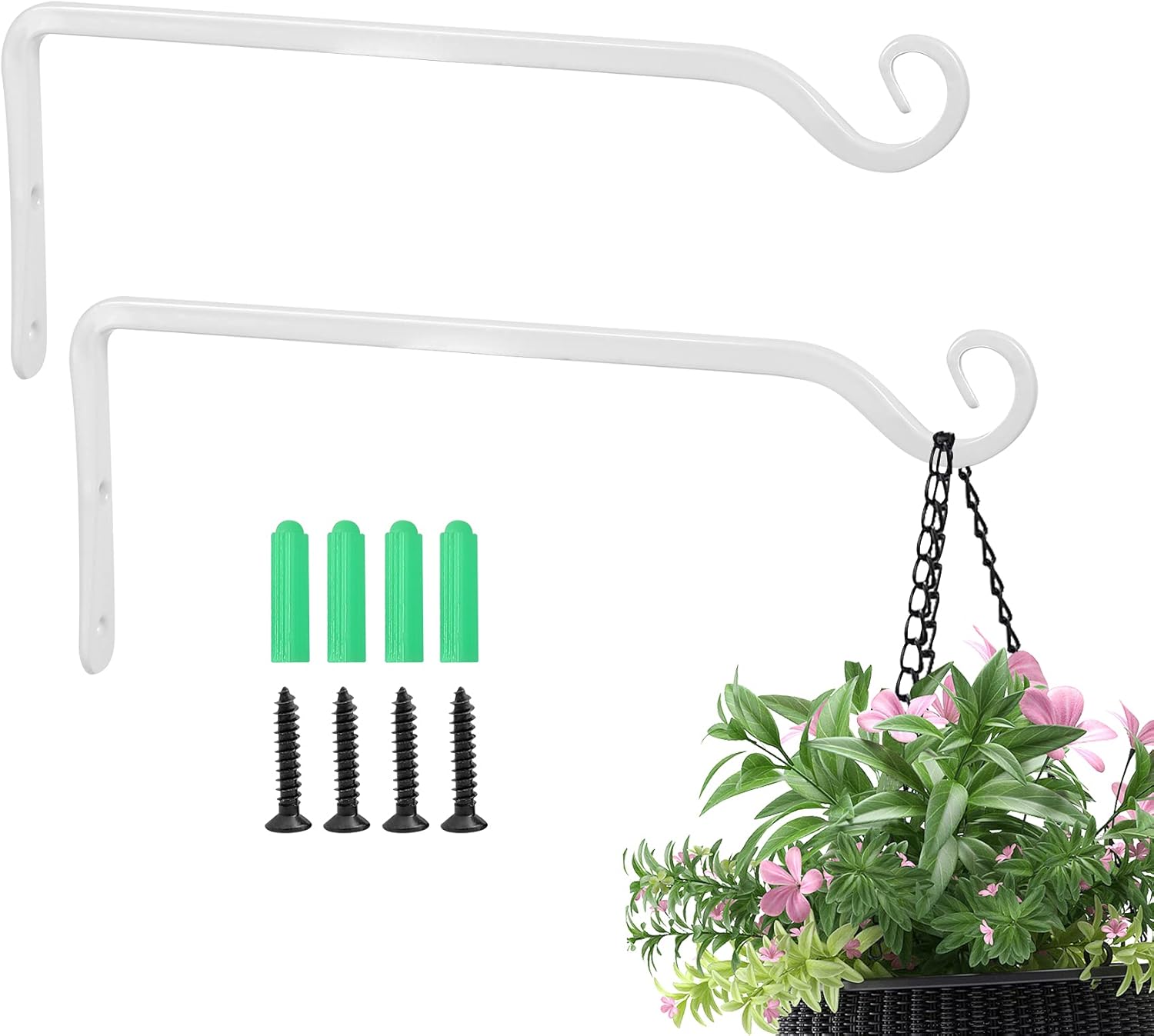 Outdoor Hanging Brackets - Jardim 2 Pack 10 Inch Premium Decorative Metal Iron Wall Hangers for Home Decor, Indoor Outdoor Plant Bracket Rustic Hanging Gardening Hooks for Planters, Bird Feeders, Lanterns, Wind Chimes (White)