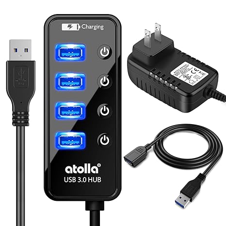 Powered USB Hub, atolla USB 3.0 Hub 4 + 1 Data Transfer and Charging Multiport with Power Supply Adapter 15W (5V/3A) and 3.3ft Meter USB 3 Extension ...