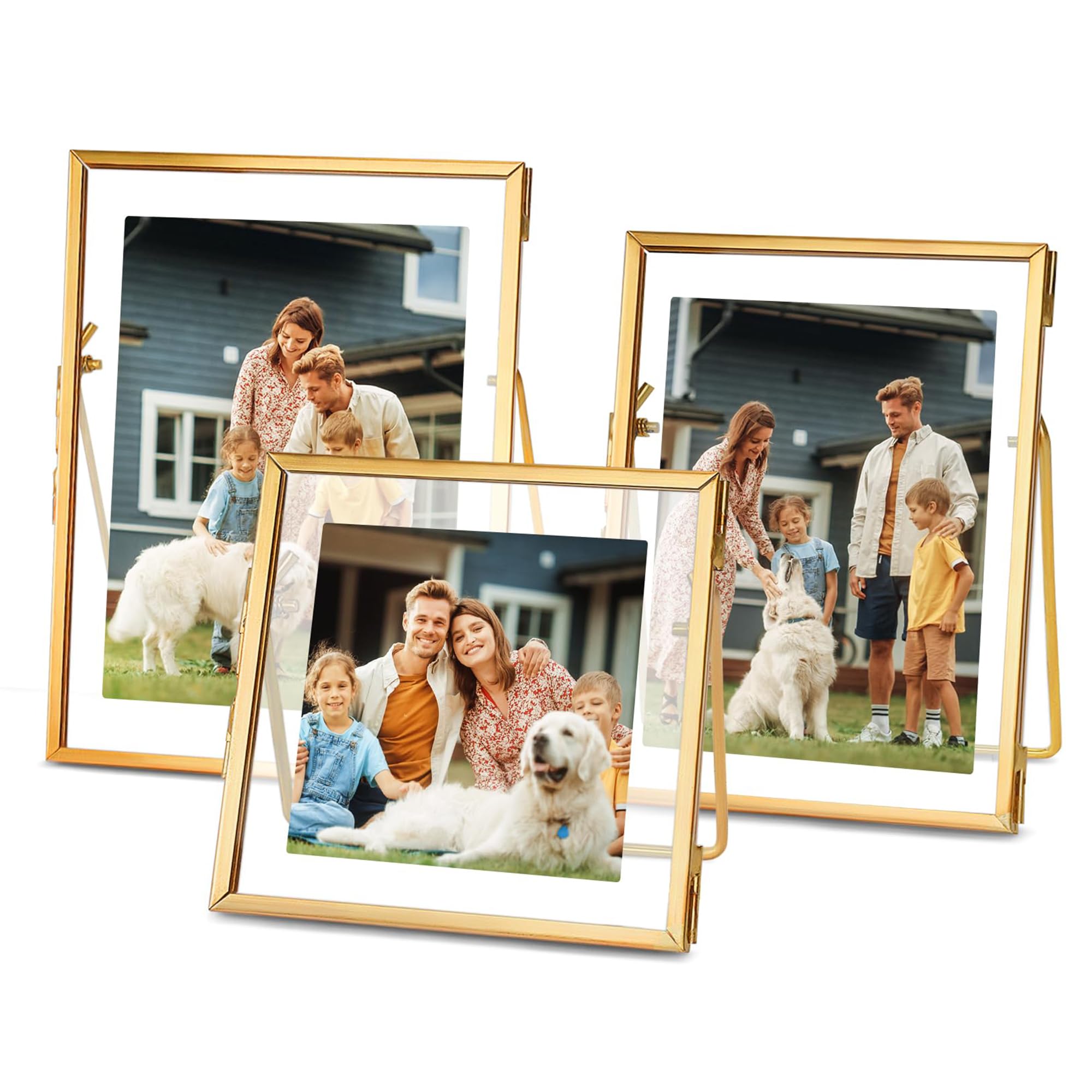Photo 1 of REDHUGO 3-Piece Glass Picture Frame Set - 6"x6", 6"x8", 8"x10", Glass & Brass Photo Frame Collection, Simple Metal Floating Picture Frames, Geometric Pictures Frames with Clear HD-Glass Cover, Gold