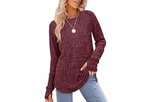 Saloogoe Women's Long Sleeve Top Crewneck Basic Lightweight Fall Shirt with Thumb Hole