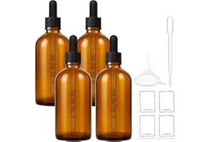 Bumobum 100ml Dropper Bottle, Amber Glass Dropper Bottle with Glass Measured Dropper, 3.4oz Empty Eye Tincture Bottles with Funnel, Pipette & Labels for Essential Hair Oils Serums, 4 Pack