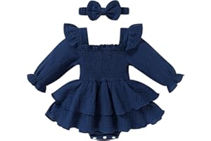 YOUNGER TREE Baby Girl Fall Clothes Infant Long Sleeve Ruffle Romper Dress with Headband Cute Toddler Winter Outfits