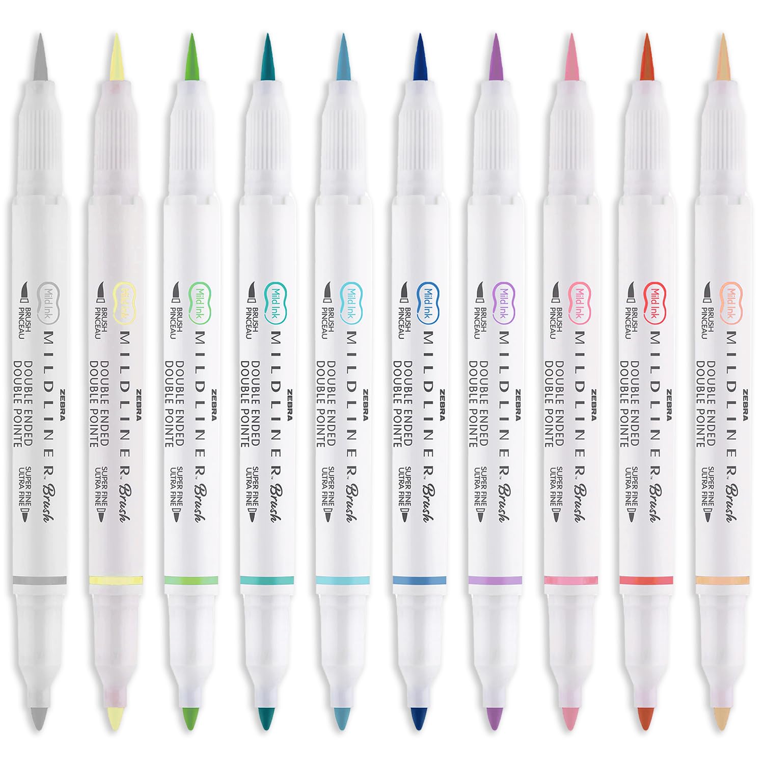 Zebra Mildliner Brush Highlighter Pen - Brush Pen and Marker Nib - Double Ended - Pack of 10 Assorted Colours
