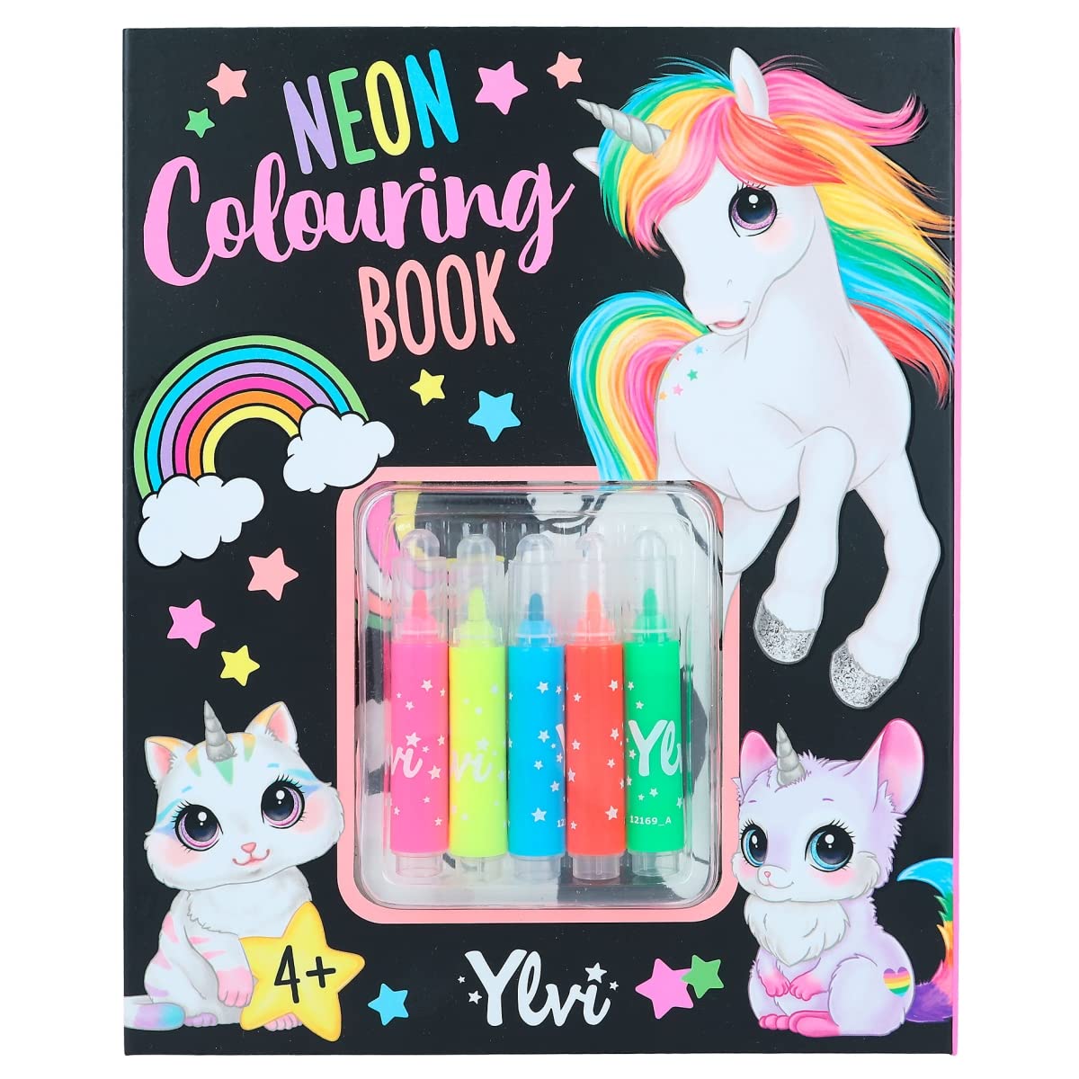 Depesche 12169 Ylvi Colouring Book Set with 25 Pages for Creating Imaginative Motifs, Includes 5 Neon Fibre Pens and Sticker Sheet in Gold, Multi-Coloured